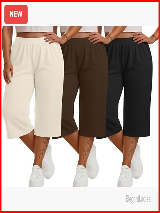 Pants - Plus Size Wide Leg Capri Sweatpants 3 Pack High Waisted Yoga Pants with Pockets